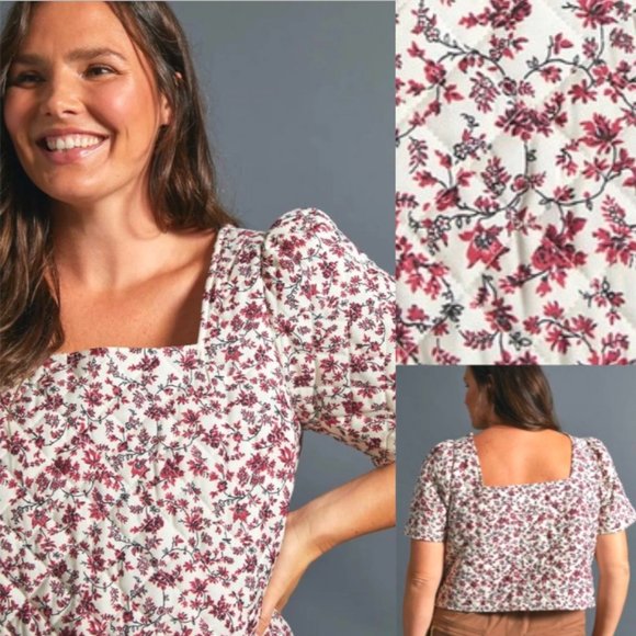NWT Anthro red and white floral quilted blouse 2X - Picture 1 of 11